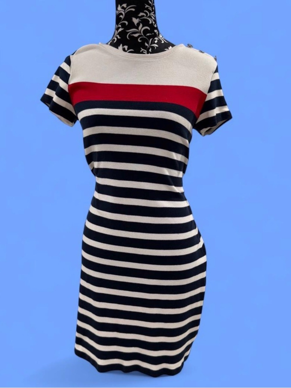Nautical Babe Chaps Striped Bodycon Dress Red White Navy